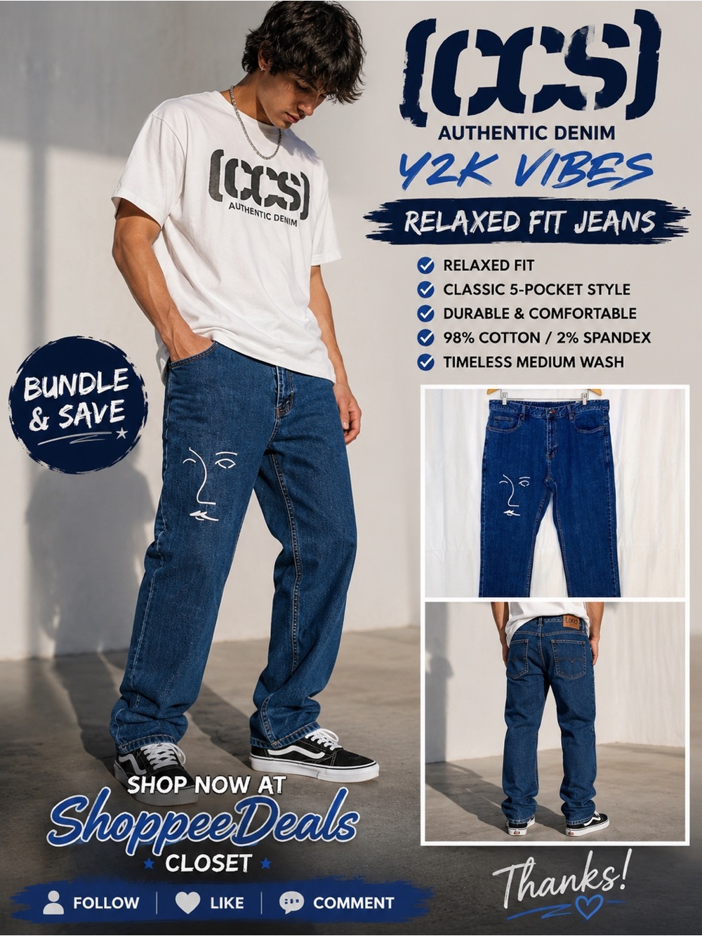 CCS Authentic Denim Relaxed Fit Jeans – Men’s Size 36x32 – Medium Wash
